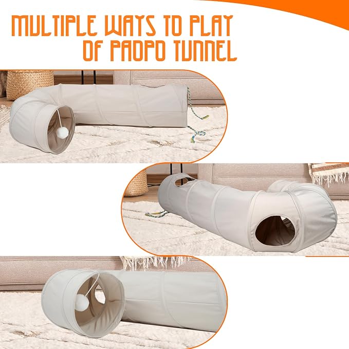 Cat Tunnel, 2-Way Collapsible Cat Tube with Interactive Peek-A-Boo Hole, Toy Ball, and Rope Ideal for Indoor Cats, Kittens, and Rabbits, Beige - Image 3