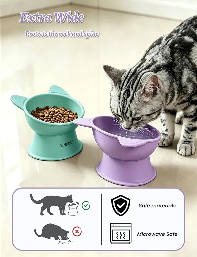 YINEYA Elevated Cat Bowls 2 Pcs, Cat Food Bowl to Protect Neck & Anti-Vomit, Whisker-Friendly Raised Food and Water Bowls Set for Indoor Cats/Small Dogs, Cute Pet Feeding Bowl 6 OZ Each, Purple&Cyan - Image 3
