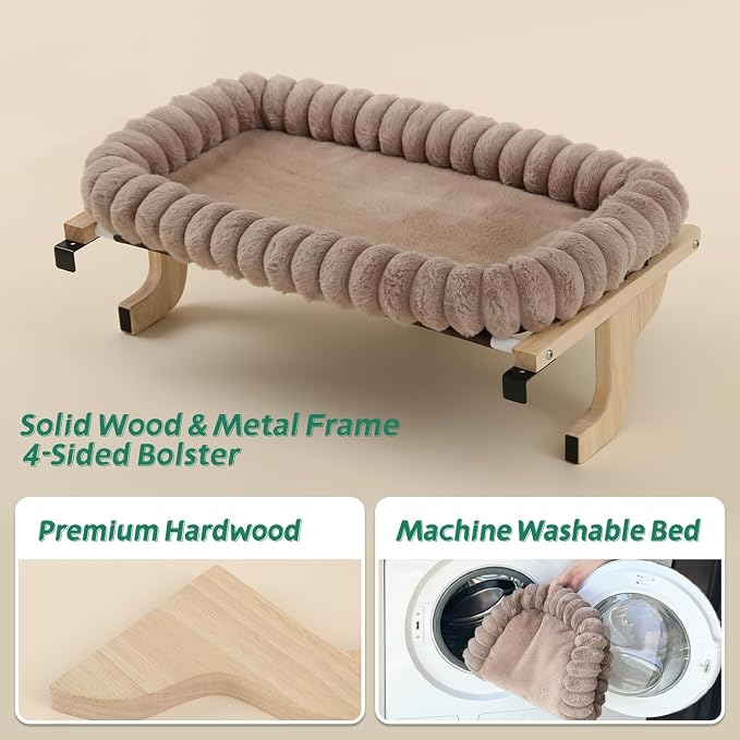 Zakkart SnugCloud Cat Window Perch with 4-Sided Bolster - Orthopedic Cat Hammock for Window Sill - Solid Hardwood & Metal Frame - Window Seat for Pets (Natural Color Wood w/Brown Bed, Large) - Image 8