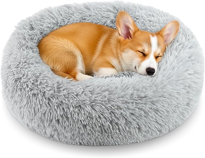 Calming Donut Dog and Cat Bed for Indoor Cats, Anti-Anxiety Round Fluffy Soft Washable Small Pet Bed for Puppy and Kitten, Warming Comfortable Luxury Anti-Slip Waterproof Mute Base 20in Gray by Homeuslynn