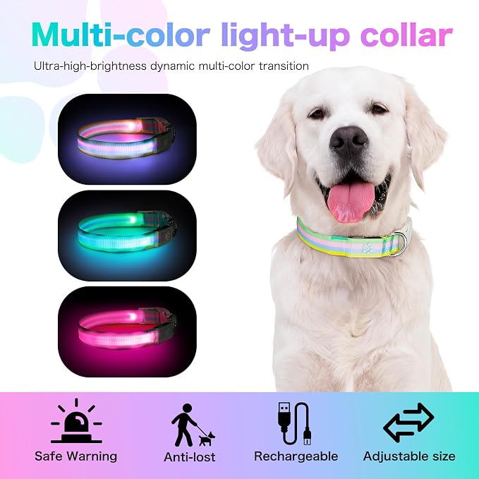 Light Up Dog Collar, Rechargeable LED Dog Collar, Color Changing Dog Collar for Night Walking, Adjustable Lighted Dog Collar for Small Medium Large Dogs, Multicolor Stripe, USB Rechargeable (M) - Image 5