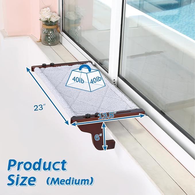 Zakkart Easy Seat Cat Perch for Window Sill - Hammock Design w/Premium Wood & Robust Metal Frame - Cat Window Seat for Large Cats and Kittens (Dark Stained Wood w/Gray Bed, Medium (23''W x 14''D)) - Image 5