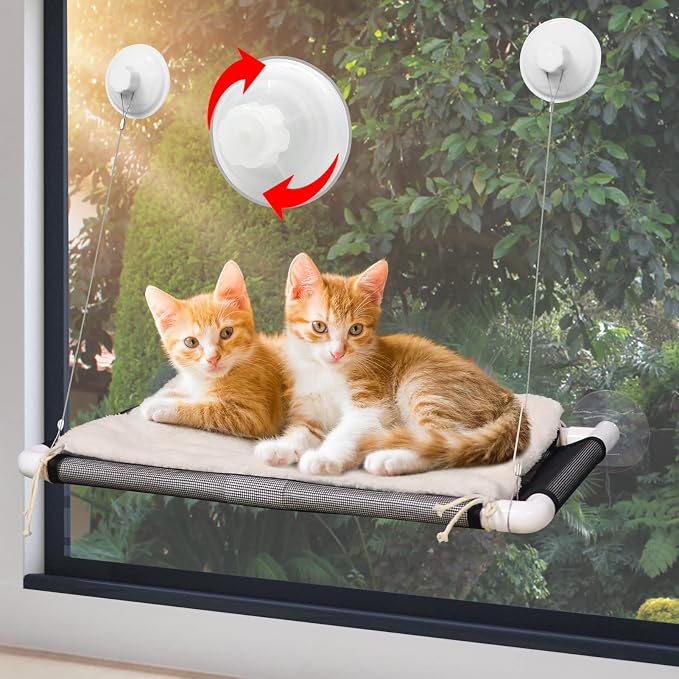 Cat Window Perch, Cat Hammock w/Fleece Blanket, Screw Suction Cups, Brown | Window Bed Holds 2 Large Cats, Sturdy Resting Seat Indoor with One Extra Suction Cup - Image 2