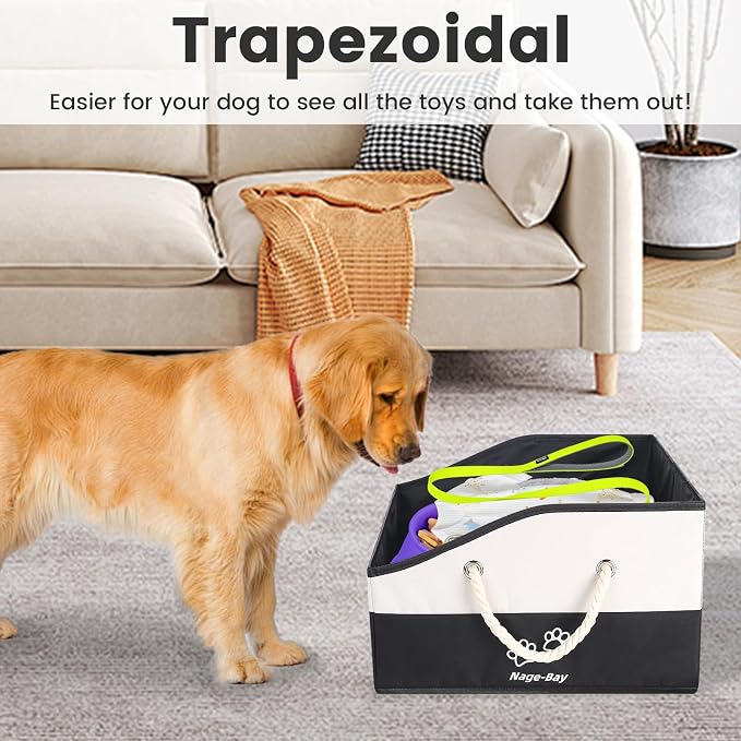 Large Dog Toy Basket with Handle, Foldable Dog Toy Box for Living Room Area , 20" Basket for Dog's Supplies, Organizer and Storage with Hard Board, Anti-Slip for Pet Toys (Black, Medium 20"×15") - Image 3