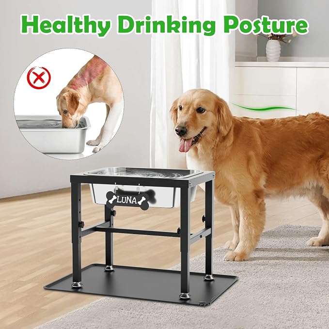 2 Gallon Elevated Dog Water Bowl for Large Dogs with Spill-Proof Mat, 4-Height Adjustable Raised Dog Water Bowl Stand (9.4-14.2'') with Stainless Steel Bowls for Indoor/Outdoor - Image 2