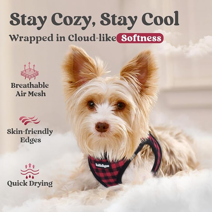 rabbitgoo Step-in Small Dog Harness, Puppy Vest for Small Medium Sized Pet | Easy Put on and off, Lightweight, Soft, Breathable Quick-Dry Air Mesh for Comfortable Secure Walking, Red Check L - Image 3