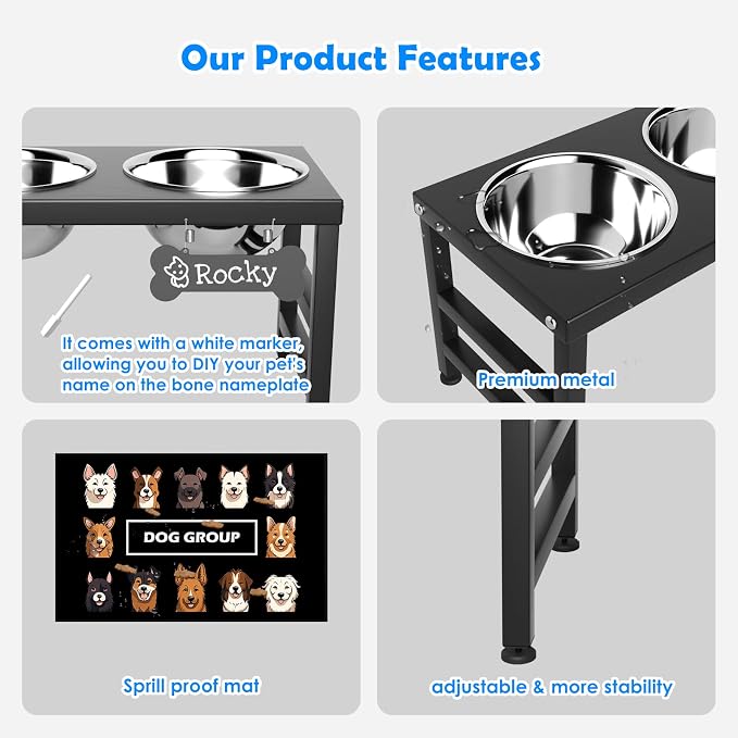 ADENGL Elevated Dog Bowls, 10" Tall Height, Raised Bowl Stand with 2 Stainless Steel Food Feeder Bowls (58oz) and Spill-Proof Mat for Medium Large and Small Breeds - Image 4