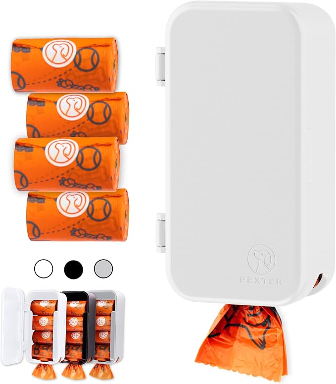 PEXTER Dog Poop Bag Dispenser - Outdoor or Indoor Pet Waste Bag Dispenser Station - Stick-On or Screw-On Wall Mount - Poop Bags Storage Outdoor Container - Includes 4 Doggie Bag Rolls (White) by PEXTER