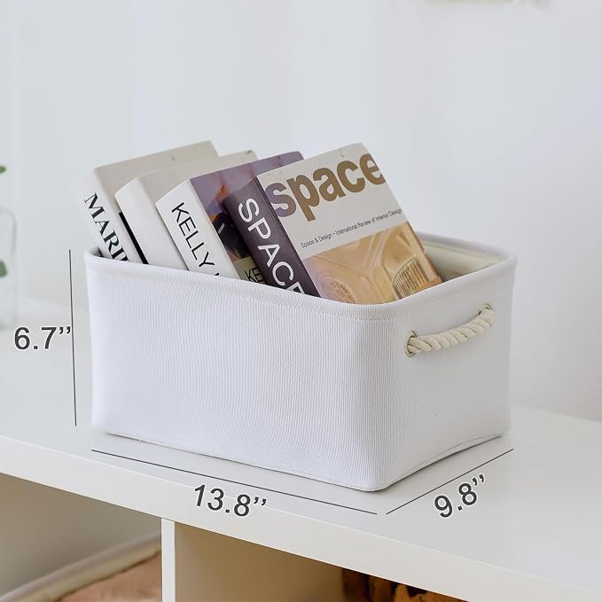 TheWarmHome Decorative Basket for Organizing - Medium-1Pack 13.8L*9.8W*6.7H Rectangular Fabric Storage Bin Organizer Basket with Handles for Clothes (White) - Image 5