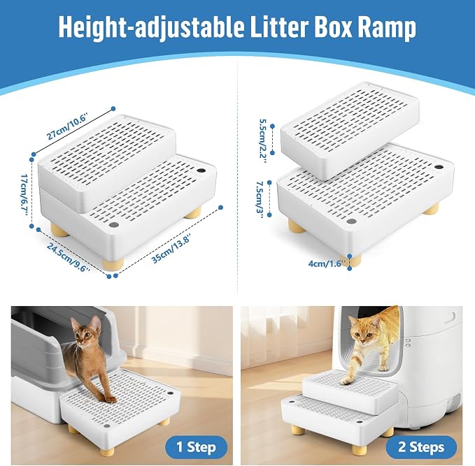 Extra Large 2 Steps Cat Litter Box Step Ramp, Cat Litter Catcher Mat with Wooden Feet, Filter Function, Cat's Pedal Stool for Self-Cleaning Litter, Suitable Kitten & Elderly Cats (White) - Image 2