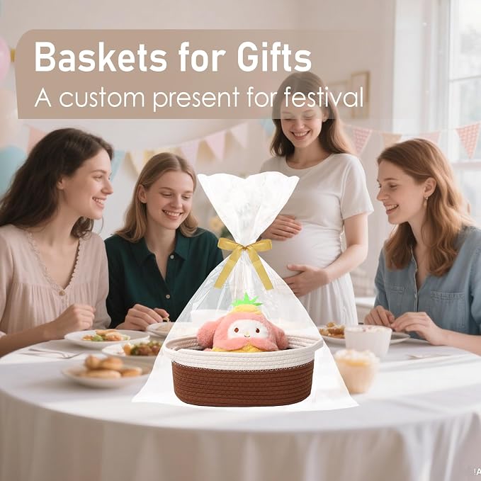 JMvicyroam Small Woven Basket, Empty Gift Basket, White&Brown/1 Pack | Small Gift Basket, Cotton Rope, 12 x 8 x 57 in, Handles, Includes Ribbon and Bag, Birthday Gift Basket - Image 4