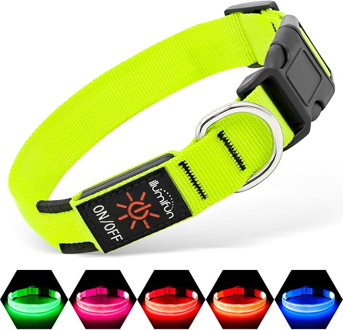 Illumifun Light Up Dog Collar, USB Rechargeable LED Dog Collar Glow in the Dark，Adjustable Pet Safety Lights for Night Walking (Green, Medium) by Illumifun