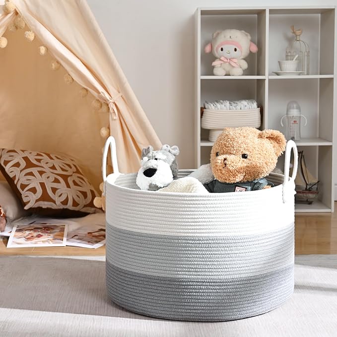 67L Large Woven Blanket Basket, Cotton Rope Baby Laundry Hamper with Handles, Kids Toy Basket for Classroom & Nursery, Soft Round Stuffed Animal Storage, Dog Toy Bin - 20"x13", Gray - Image 4