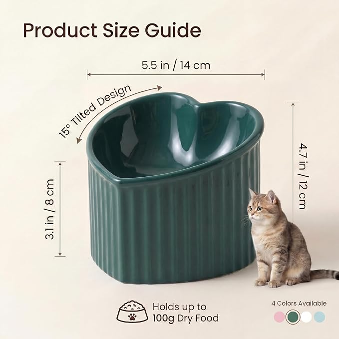 Dark Green Ceramic Raised Cat Bowls, Tilted Elevated Food or Water Bowls, Stress Free, Backflow Prevention, Dishwasher and Microwave Safe, Lead & Cadmium Free - Image 2