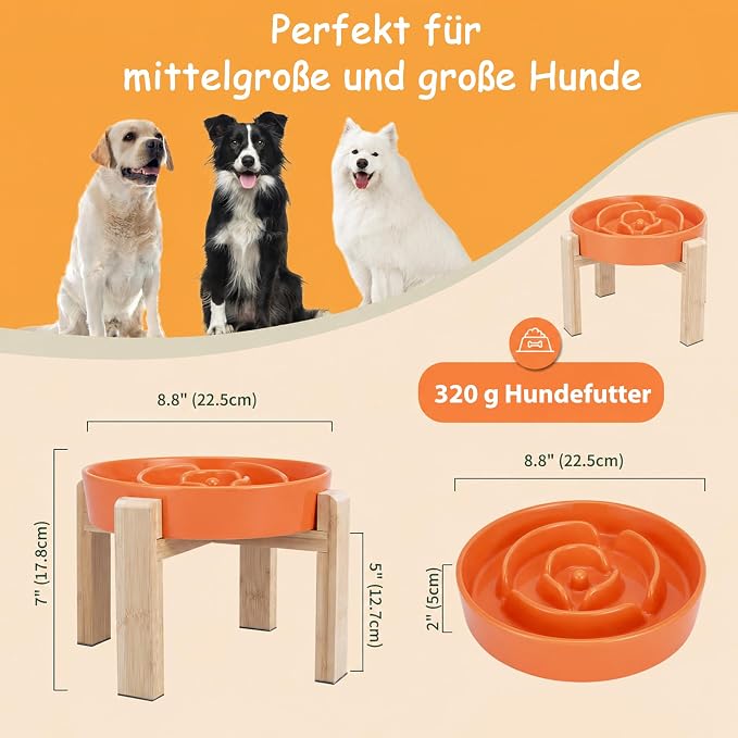 Elevated Slow Feeder Dog Bowl, 8.8" Ceramic Maze Dog Bowl with Stand | 3.2 Cups Slow Feeding Dog Dish for Fast Eaters, 7" Tall Anti-Slip Raised Slow Feeder for Medium to Large Breeds, Orange - Image 2