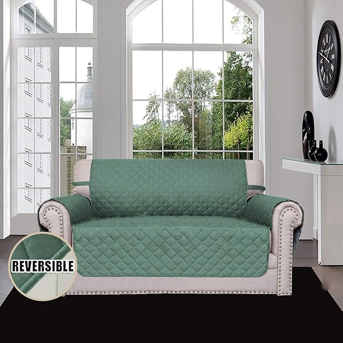 Easy-Going Reversible Loveseat Couch Cover for 2 Cushion Couch Sofa Cover for Dogs Water Resistant Furniture Protector with Foam Sticks Elastic Straps for Pet (Loveseat, Cyan/Ivory) | Machine Washable Slipcover For Dogs, Water Resistant Furniture Mat F... - Image 2