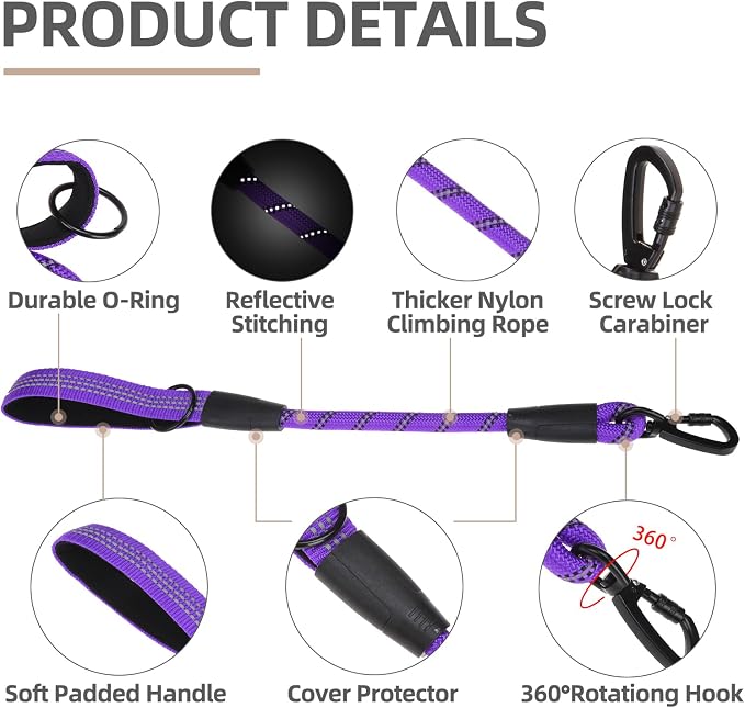 PUPTECK Reflective Short Dog Leashes 3 Pack for Walking and Training | Heavy Duty Clip with Soft Padded Handle for Medium Large Dogs Traffic Control - Image 3