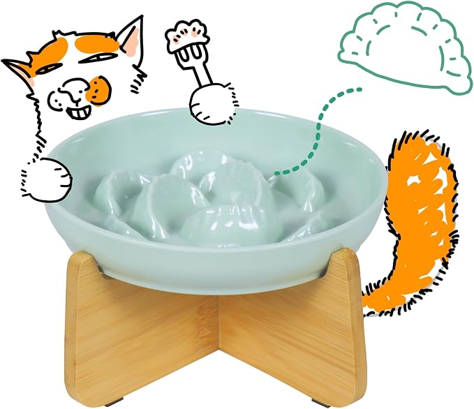 Slow Feeder Cat Bowl with Stand - Unbreakable Elevated Slow Feeder Bowl for Cats - Melamine Puzzle Raised Cat Food Bowl - Whisker Friendly & Wet & Dry Food- Dishwasher Safe & Non Slip (Green by FullCharm