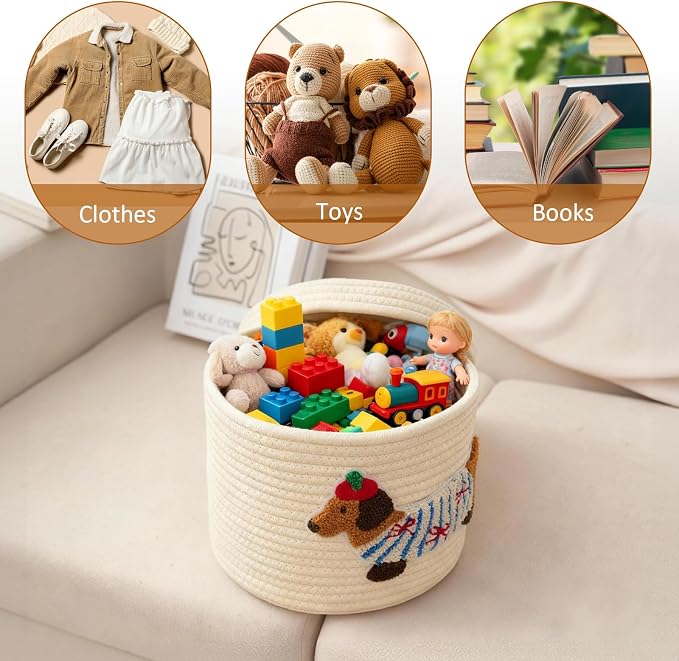 Cute Dog Cotton Rope Storage Basket with Lid, 10"×10"×9" Woven Storage Bin, Large Capacity Dustproof Toy Organizer, Decorative Laundry Hamper for Living Room, Nursery, Kids Room (Small) - Image 4