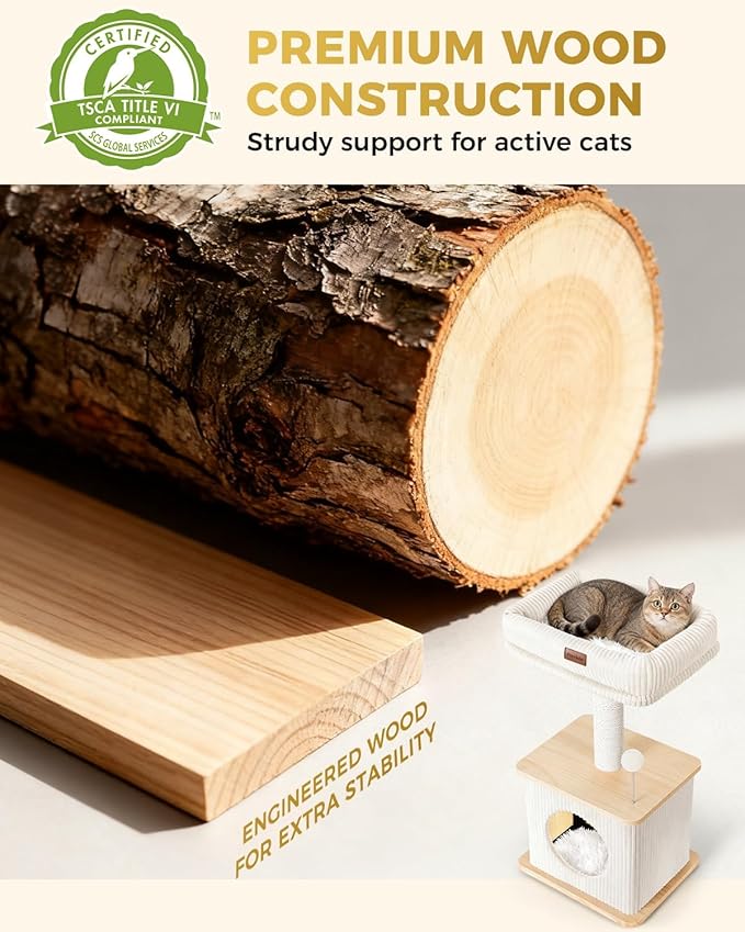 Small Cat Tree for Indoor Kittens, 30" Compact Modern Cat Tower | Natural Bamboo Cozy Condo, Soft Padded Perch, Sisal Scratching Post, Dangling Ball Toy, Stable Base, for Cats up to 15 lbs - Image 4