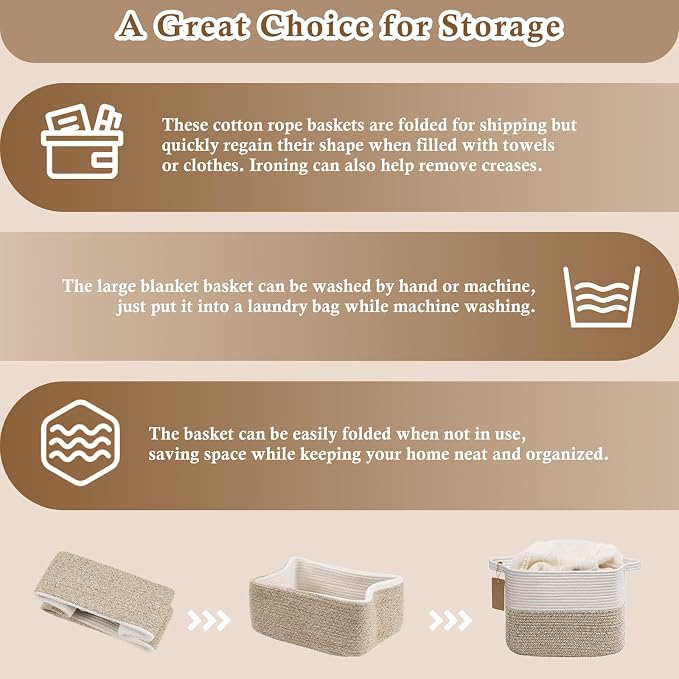Goodpick Woven Rope Storage Basket for Shelves, White & Camel Mix | 13" × 10" × 9" Stylish Gift Basket for Home Decor, Cotton Rope Baskets for Toys & Magazines Storage, Reinforced Handles - Image 7