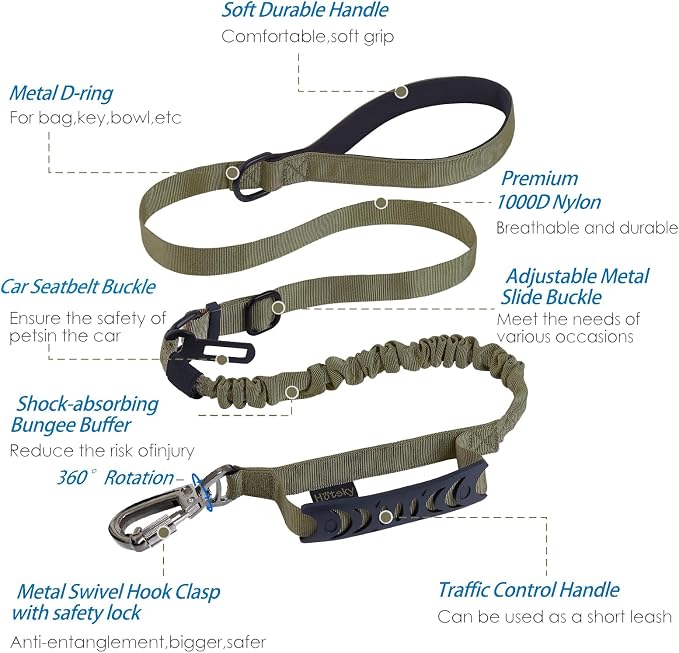 Hotsky Tactical Bungee Shock Absorbing No Pull Dog Leash,Army Green,4-6FT | Heavy Duty for Medium Large Dogs That Pull up to 660 lb,with Padded Double Handle ＆ Car Seatbelt,360°Rotating Locking Clasp - Image 2