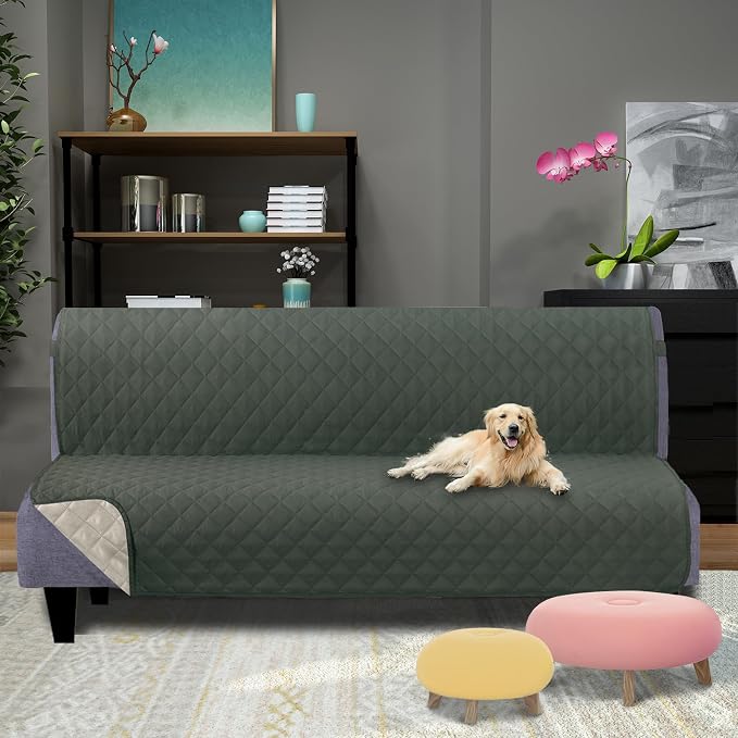 U-NICE HOME Futon Sofa Covers 68''Armless Couch Cover, Grey/Beige | Washable, Pet Friendly, Elastic Straps, Water Repellent, Furniture Protector Mat - Image 2