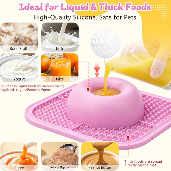 Slow Feeder Dog Bowls & Lick Mat for Liquid and Thick Treat, Anti-Slip Dog Lick Bowl with Interactive Rolling Ball, 5/6 Cup Pup Licking Toy for Large Medium Small Dogs and Cats-Large Pink - Image 3