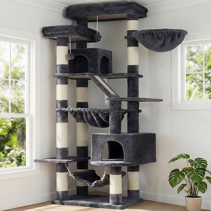 Heybly Cat Tree, 71-Inch-Tall Tower for Indoor Cats with 2 Perches HCT034G | Large Cat Furniture with 2 Big Condos, 2 Hammocks, Basket, Scratching Pad, Multi-Level Cat Condo, Smoky Gray by HEYBLY