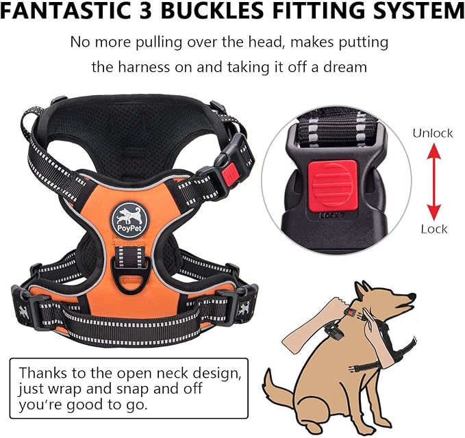 PoyPet No Pull Dog Harness Small with Front Clip & Neck Release Buckle | No Choke, Adjustable Vest, Reflective, Back Clip, Lockable, Soft Padded, Easy Control Handle for Walking Training, S, Orange - Image 2