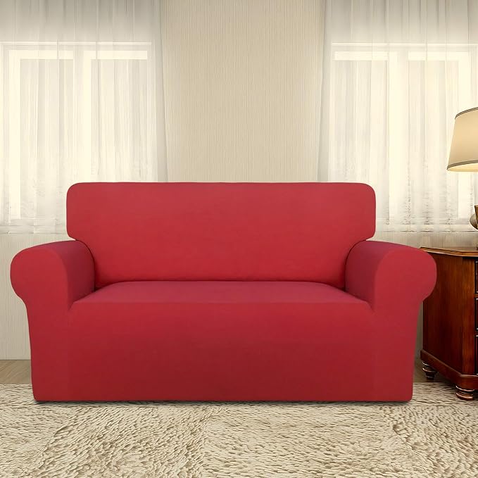 PureFit Stretch Loveseat Covers Fleece Couch Covers for Sofa Red | 1-Piece Sofa Slipcover Soft Couch Protector, Sofa Cover Washable with Non Skid Foam and Elastic Bottom for Kids, Dogs - Image 2