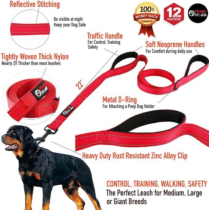Dog Leash 6ft Long,Traffic Padded Two Handle,Heavy Duty,Reflective Double Handles Lead for Control Safety Training,Leashes for Large Dogs or Medium Dogs,Dual Handles Leads(Red) - Image 2