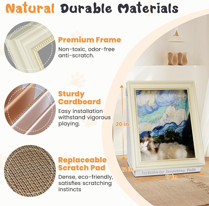 Mona Lisa Cat Bed Painting Cat Scratcher Bed CartBoard Cat House Beds for Indoor Cats Half-Surround Design W/Horizontal Cat Scratcher Scratching Board W/Catnip (The Star Night, Frame Pre-Taped) - Image 4