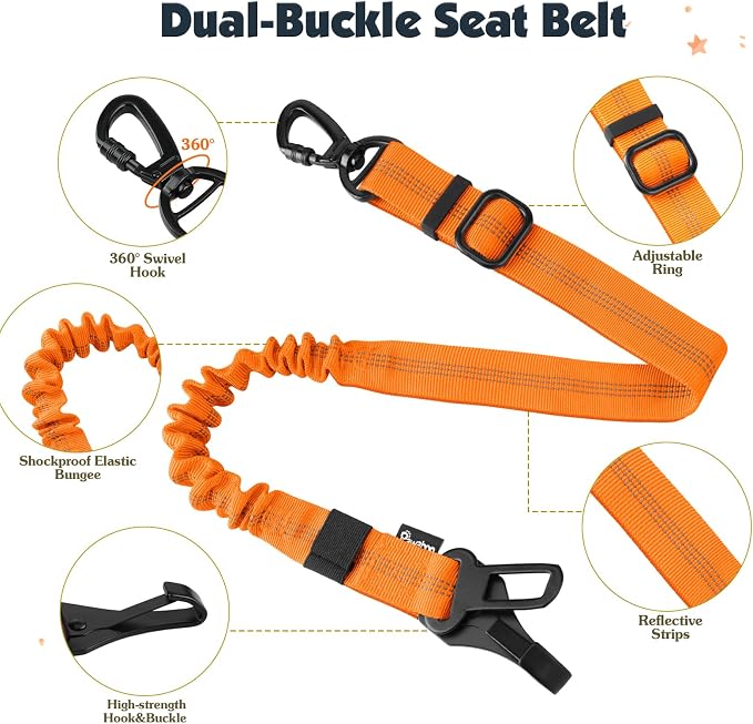 Pawaboo Dog Seat Belt Harness for Car, Seatbelt Harness with 2 in 1 Buckle | Adjustable Breathable Harness for Car, Elastic Reflective Heavy Duty Dog Tether, for Small Medium Large Pets, XXL, Orange - Image 3