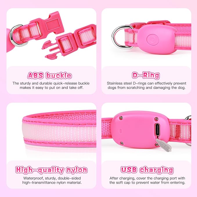 LED Light Up Dog Collar for Night Safety Walks, Pink, S | USB rechargeable, waterproof & pet-safe, 3 lighting modes, long-lasting glow, adjustable S/M/L, soft comfy daily walk fit - Image 6