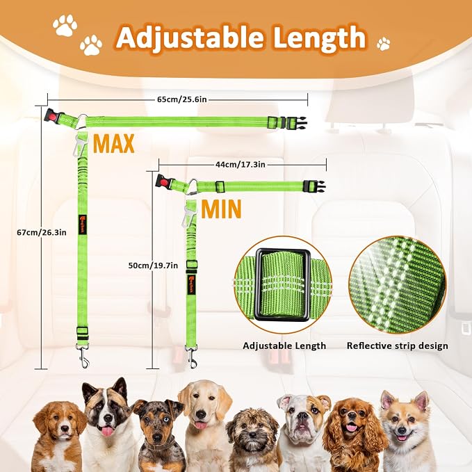 Laqibak Removable Dog Seat Belt Harness for Car, 3 in 1 Pet Seatbelt Leash | Retractable Headrest-Mounted,Restraint & Adjustable Reflective Bungee Dog Seatbelt Tether,Green and Black - Image 7