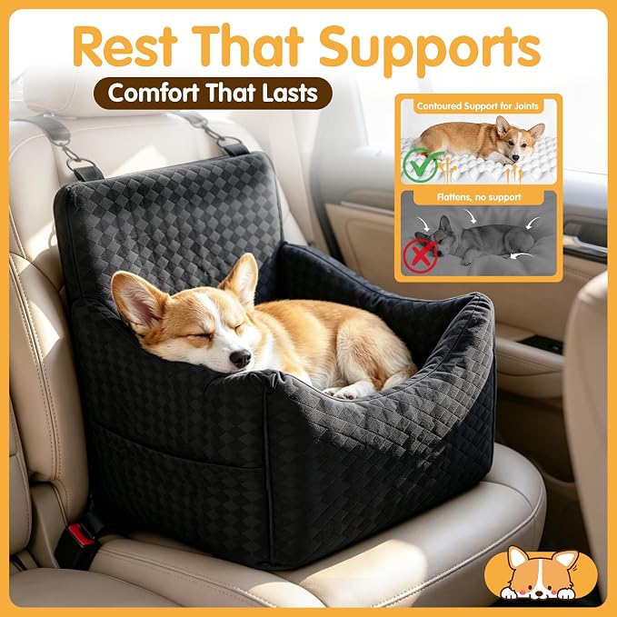 Topmart Dog Car Seat for Small Medium Dogs Under 35lbs, Cozy Pet Seat | Foam Safety Dog Booster Seat for Back Seat, Pet Bed for Car with Safety Tether, Storage Pockets, Machine Washable Cover Black - Image 3