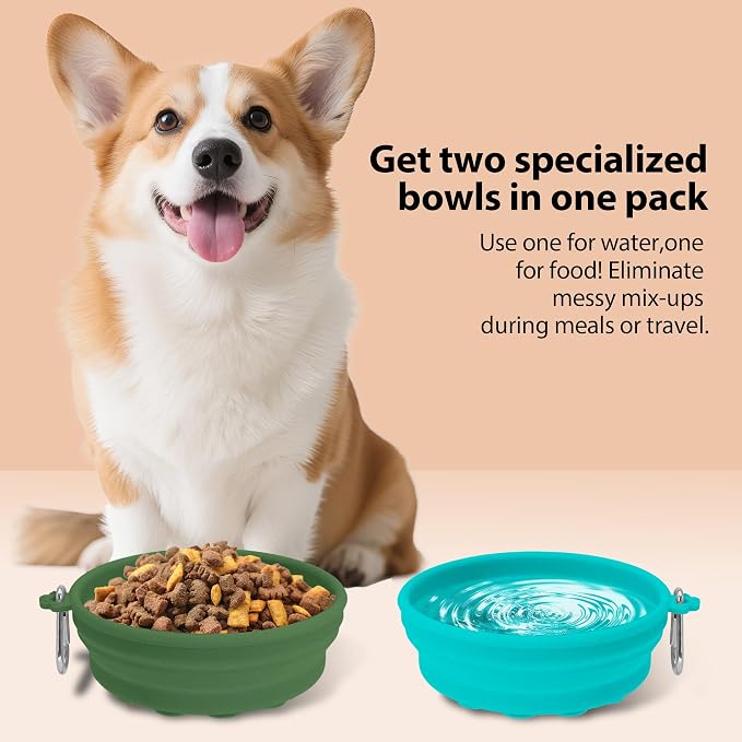 2-Pack Collapsible Dog Bowls with Suction Cups & Scraper - 16oz Travel Pet Bowls for Food/Water, Non-Slip Feeding Dish for Dogs, Includes Carabiner Clip Cyan-Olive Green - Image 5