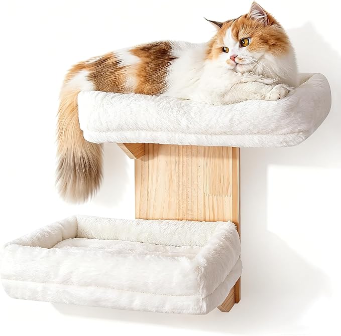 Cat Wall Shelves, 2 Platform Cats Walls Furniture, Tree Shape Kitten Floating Shelf with Soft Cushion Perch, Solid Pine Wood, Suitable for Climb, Play, Nap by Famifit