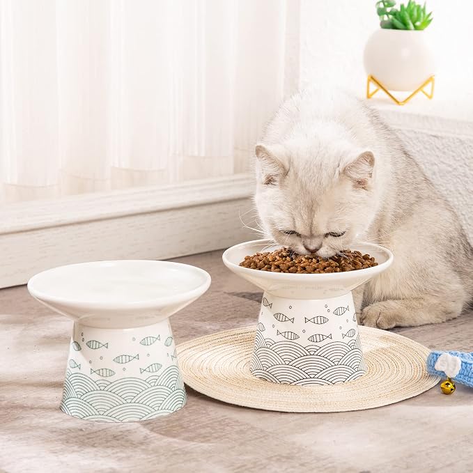 6.25 Inch Extra Wide Ceramic Raised Cat Bowls, 2 Packs | Shallow, Elevated Pet Bowl Dish Set, for Food & Water, Whisker Fatigue, Stress Free, Protect Spine, Black & Green Fish - Image 2