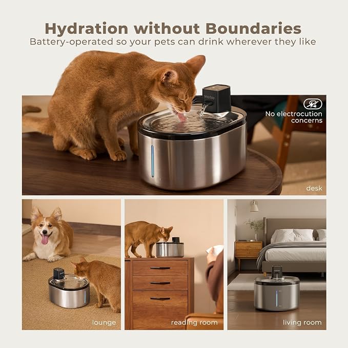 Wireless Cat Water Fountain Stainless Steel,152oz/4.5L Cat Fountain,6Filter | Battery Operated, Motion Sensor, Cordless Pet Water Fountain for Dogs & Cats,Ultra Quiet Pump,Water Fountains for Cats Indoor - Image 2