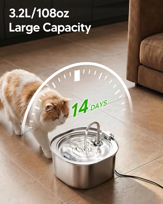 PEKTACO Cat Water Fountain, 3.2L Pet Drinking Fountain with 3 Filters | Stainless steel cat drinking fountain, dishwasher safe, with triple filtration, quiet pump, faucet for cats and small pets - Image 4