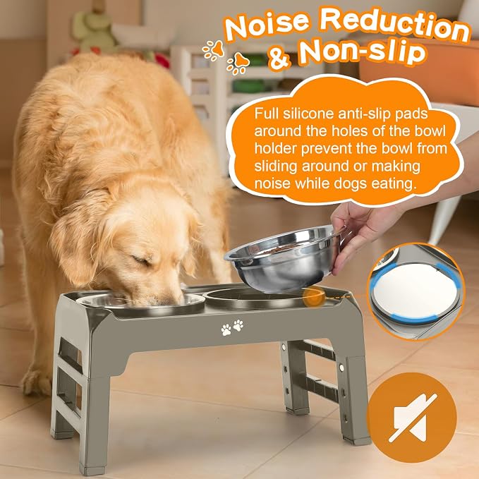 Elevated Bowls, 4 Height Adjustable Raised Stand With 2 Thick 50oz Stainless Steel Food Bowls, Non-Slip Feeder for Dogs, Adjusts to 3.7", 9.2", 10.75", 12.36" Light Brownish Gray - Image 5