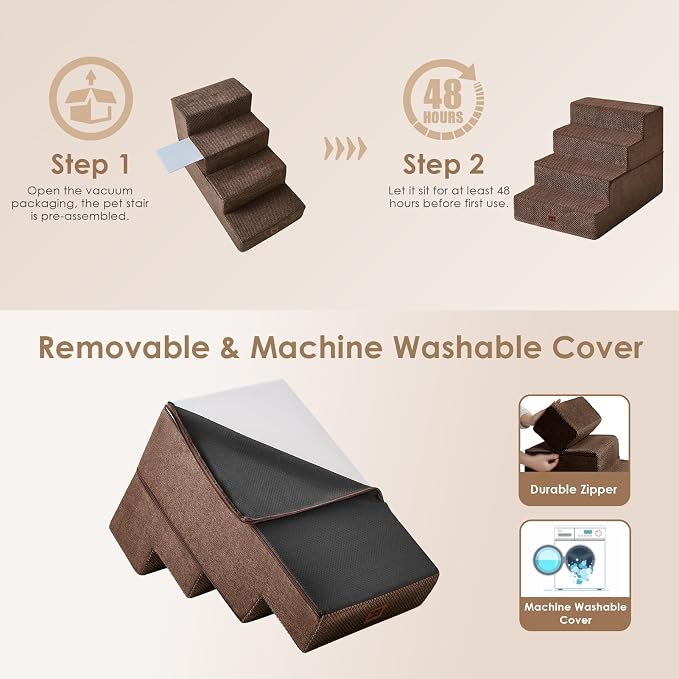EHEYCIGA Dog Stairs for Bed 20" H, 4-Step Extra Wide Dog Steps, Brown | Pet Steps for Small Dogs and Cats for High Bed, Non-Slip Balanced Pet Ramp Indoor - Image 7