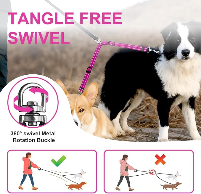 MingXpet Double Dog Leash for Two Dogs, No Pull Dog Leash, 360° Swivel No Tangle for Small Dogs Walking & Training, Shock Absorbing Reflective Bungee, Rose - Image 4