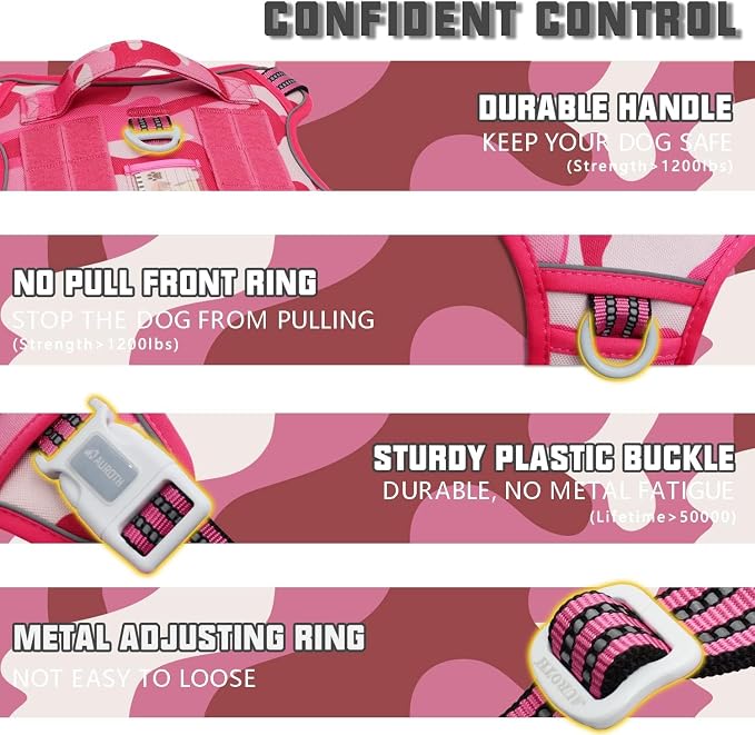 Auroth Tactical Pet Harness for Small Medium Large Dogs No Pull Adjustable, Reflective K9 Working Training Easy Control Vest Military Service Dog, Medium, Pink Camo | Heavy Duty with Handle, Breathable Padded, Reflective, Military K9, Easy Control for ... - Image 3