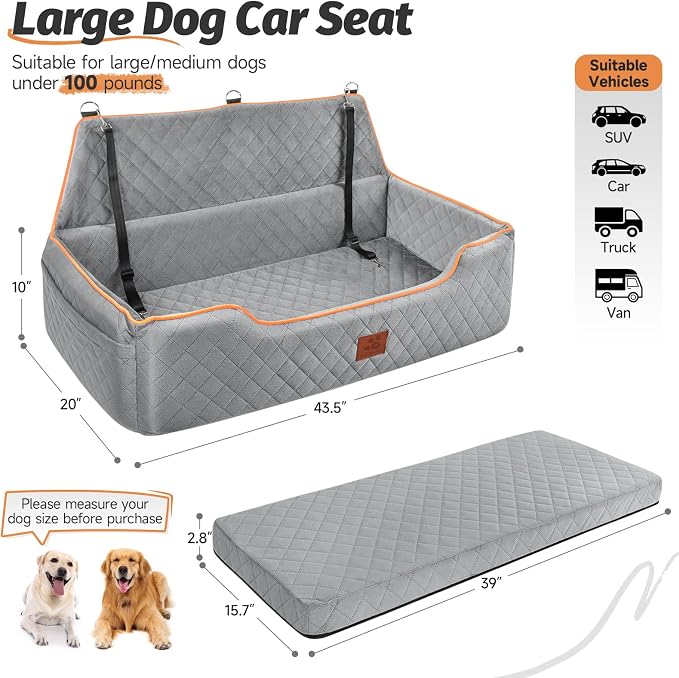 XIEEAOZEE Large Dog Car Seat for Pets Under 100 lbs, Backseat Dog Car Bed | Washable Pet Booster Seat for 2 Medium Dogs, Pet Travel Seat with Storage Pockets, Safety Belts - Image 2