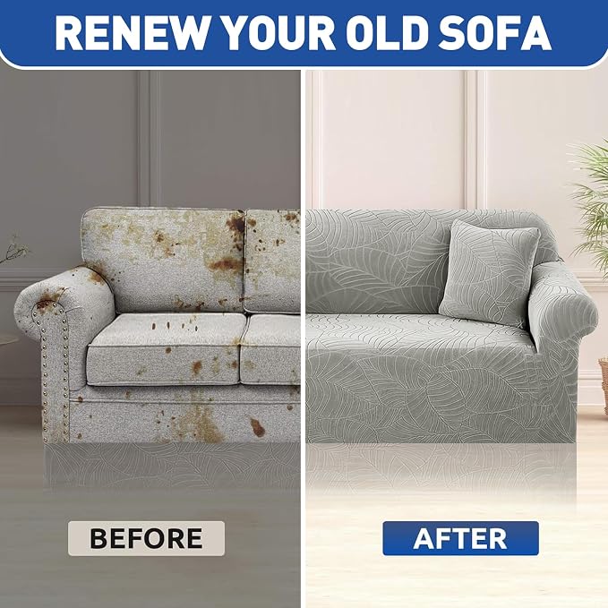 YEMYHOM Couch Cover Latest Jacquard Design High Stretch Sofa Covers for 2 Cushion Couch, Pet Dog Cat Proof Loveseat Slipcover Non Slip Elastic Furniture Protector (Medium, Begonia Leaf Light Grey) - Image 8
