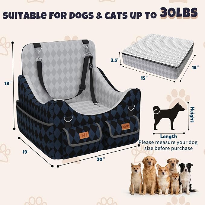 Dog Car Seat for Small/Medium Dogs up to 35lbs, 4-Pocket Storage Memory Foam Dog Booster Seat, Detachable Washable Pet Car Seat with Safety Belt, Outdoor & Indoor Use (Dark Blue/Black) - Image 6