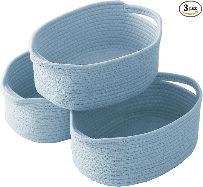 JMvicyroam Small Woven Basket, Empty Gift Basket, Blue/3 Pack | Small Gift Basket, Cotton Rope, 12 x 8 x 32 in, Handles, Includes Ribbon and Bag, Birthday Gift Basket by JMvicyroam